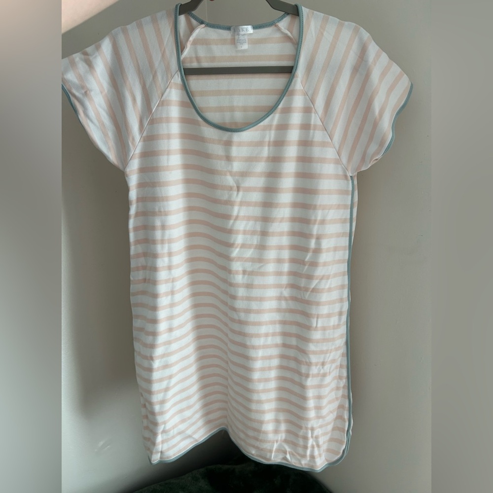 LAKE Nightgown Light Pink and White Striped with Blue Trim size large